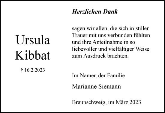 Traueranzeige von Ursula Kibbat von Braunschweiger Zeitung