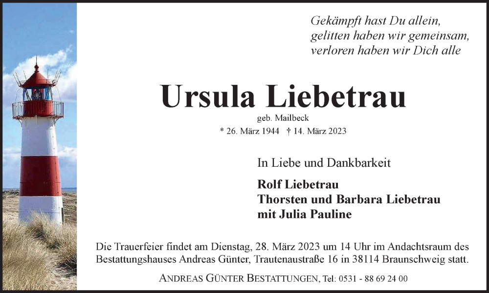  Traueranzeige für Ursula Liebetrau vom 18.03.2023 aus Braunschweiger Zeitung