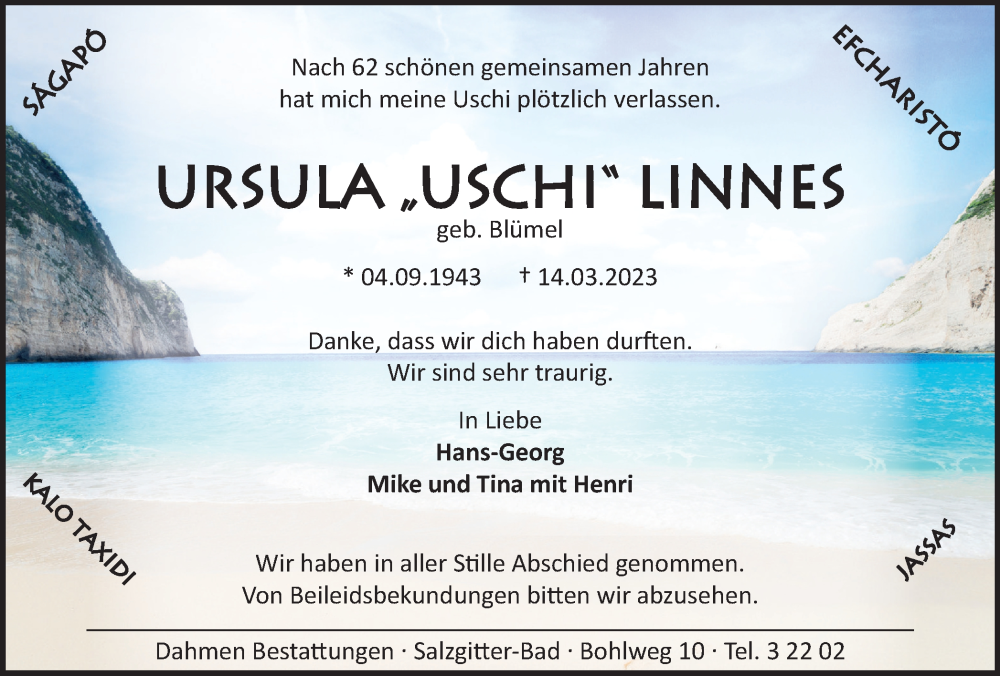  Traueranzeige für Ursula Linnes vom 18.03.2023 aus Salzgitter-Zeitung