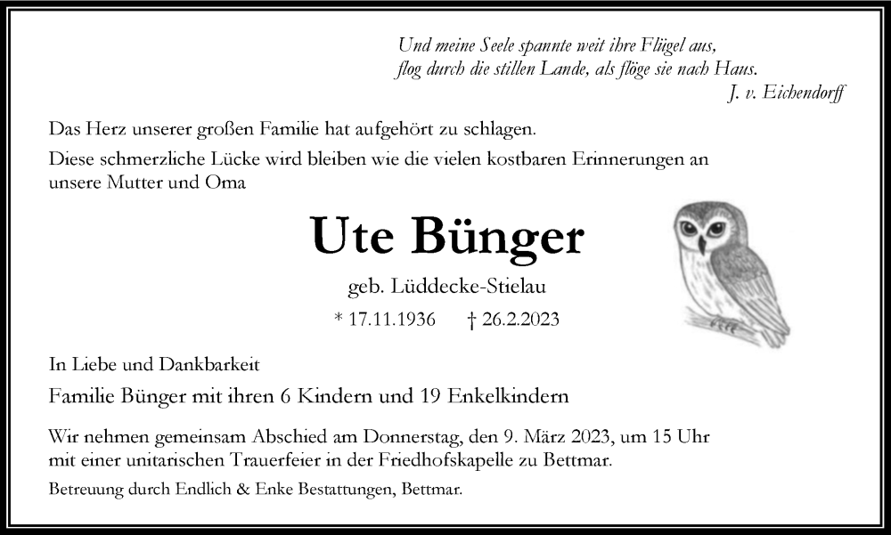  Traueranzeige für Ute Bünger vom 04.03.2023 aus Braunschweiger Zeitung