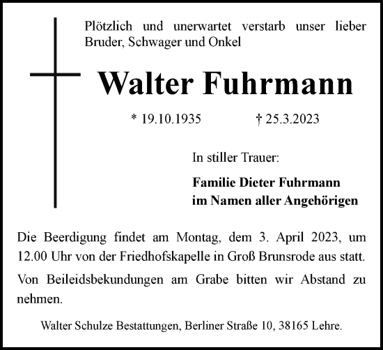 Traueranzeige von Walter Fuhrmann von Helmstedter Nachrichten