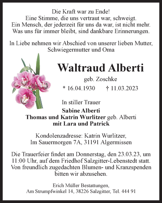 Traueranzeige von Waltraud Alberti von Salzgitter-Zeitung
