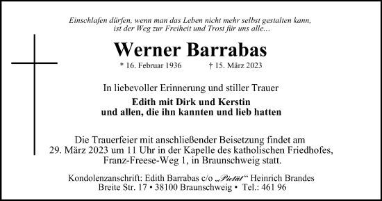 Traueranzeige von Werner Barrabas von Braunschweiger Zeitung