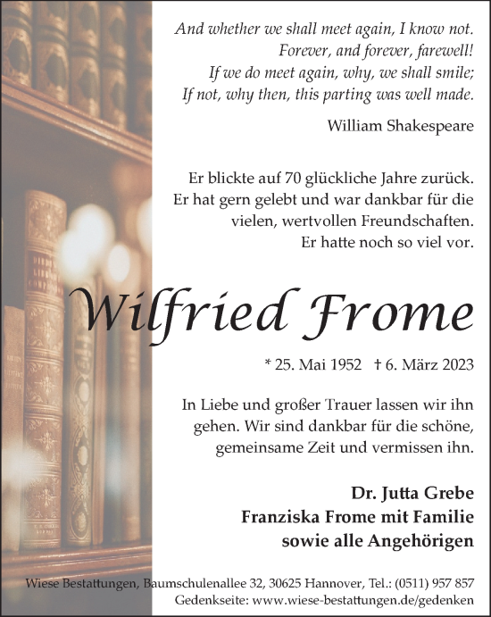 Traueranzeige von Wilfried Frome von Braunschweiger Zeitung
