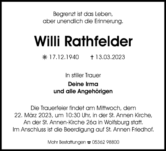 Traueranzeige von Willi Rathfelder von Wolfsburger Nachrichten
