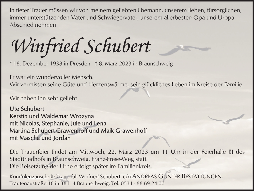  Traueranzeige für Winfried Schubert vom 18.03.2023 aus Braunschweiger Zeitung