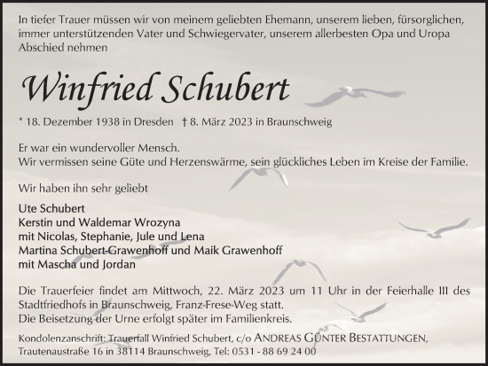 Traueranzeige von Winfried Schubert von Braunschweiger Zeitung