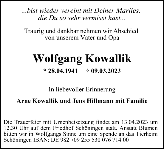 Traueranzeige von Wolfgang Kowallik von Helmstedter Nachrichten