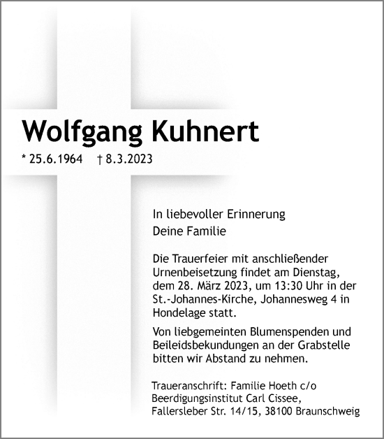 Traueranzeige von Wolfgang Kuhnert von Braunschweiger Zeitung