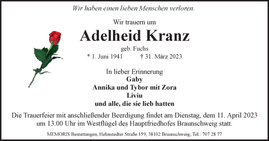 Traueranzeige von Adelheid Kranz von Braunschweiger Zeitung