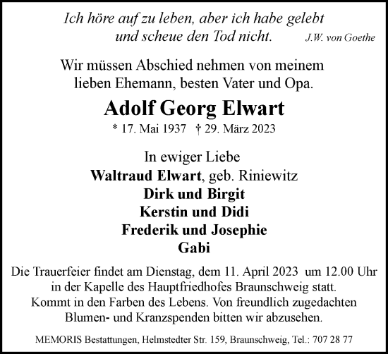 Traueranzeige von Adolf Georg Elwart von Braunschweiger Zeitung
