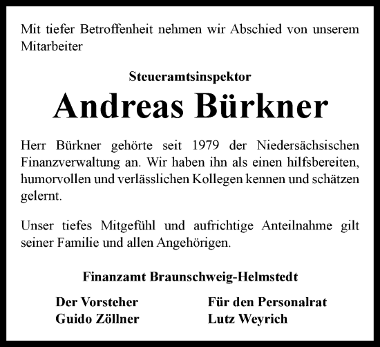 Traueranzeige von Andreas Bürkner von Braunschweiger Zeitung