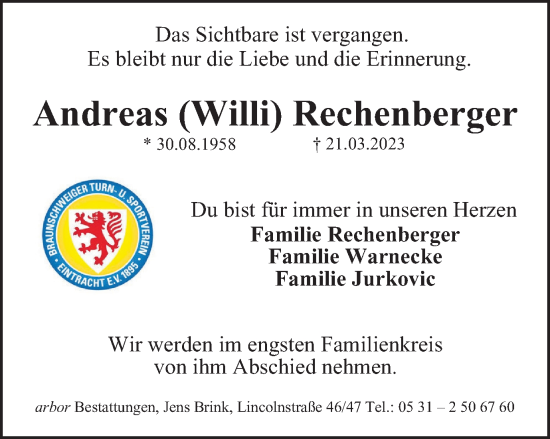 Traueranzeige von Andreas Rechenberger von Braunschweiger Zeitung
