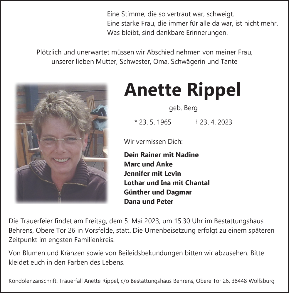  Traueranzeige für Anette Rippel vom 29.04.2023 aus Wolfsburger Nachrichten