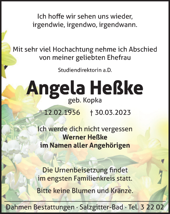 Traueranzeige von Angela Heßke von Salzgitter-Zeitung