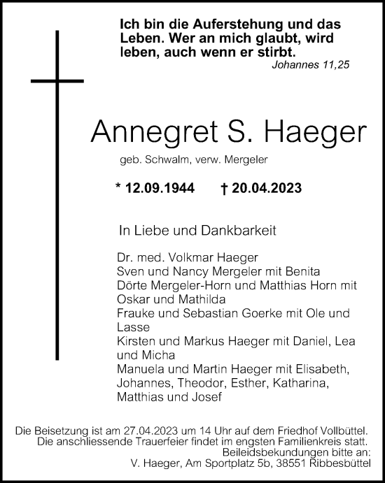 Traueranzeige von Annegret S. Haeger von Wolfenbütteler Zeitung
