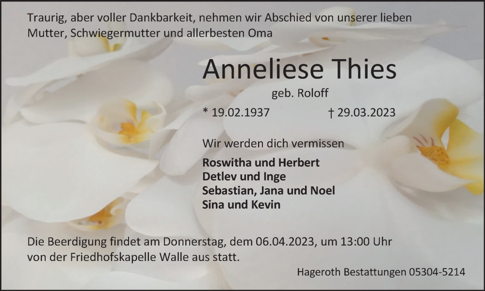  Traueranzeige für Anneliese Thies vom 01.04.2023 aus Wolfsburger Nachrichten