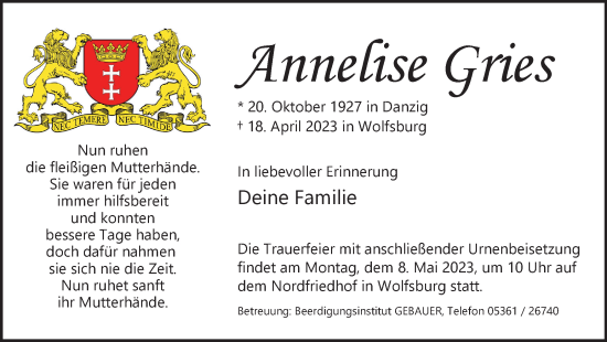 Traueranzeige von Annelise Gries von Wolfsburger Nachrichten