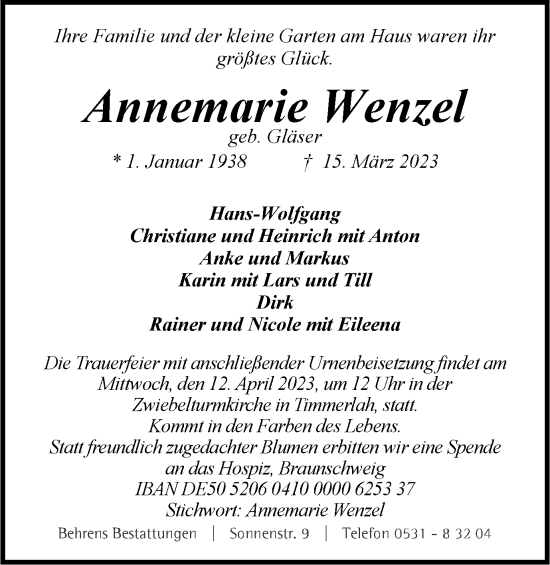 Traueranzeige von Annemarie Wenzel von Braunschweiger Zeitung