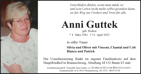 Traueranzeige von Anni Guttek von Braunschweiger Zeitung