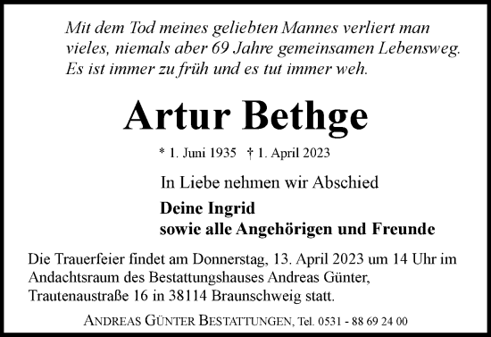 Traueranzeige von Artur Bethge von Braunschweiger Zeitung
