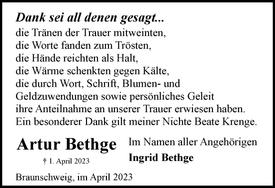 Traueranzeige von Artur Bethge von Braunschweiger Zeitung