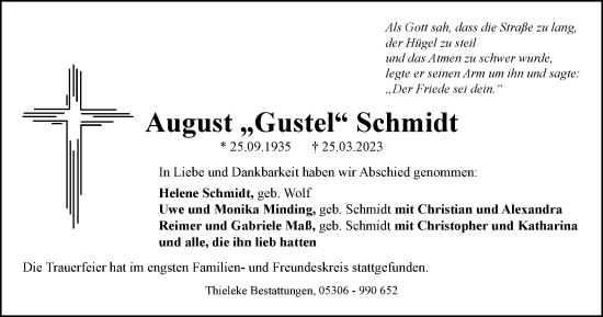 Traueranzeige von August Schmidt von Braunschweiger Zeitung