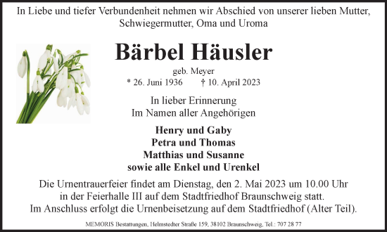 Traueranzeige von Bärbel Häusler von Braunschweiger Zeitung