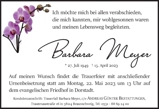 Traueranzeige von Barbara Meyer von Braunschweiger Zeitung