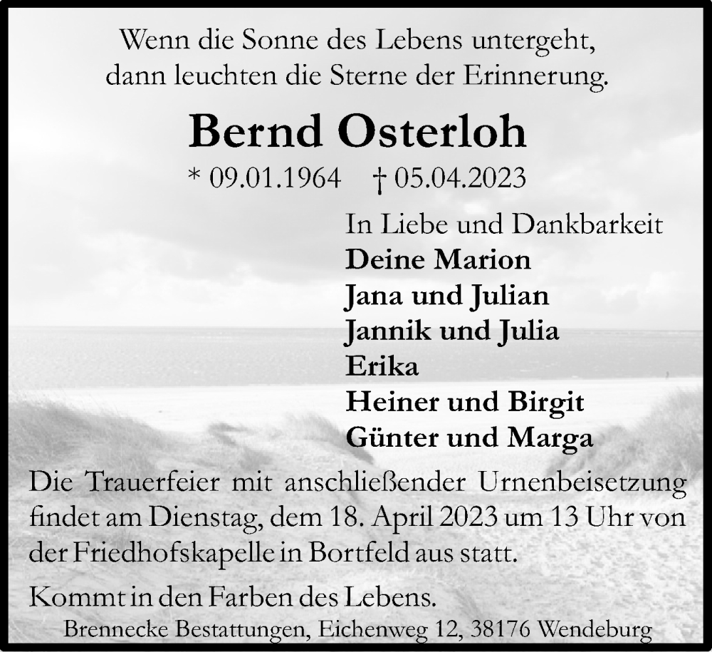  Traueranzeige für Bernd Osterloh vom 15.04.2023 aus Braunschweiger Zeitung