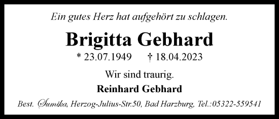 Traueranzeige von Brigitta Gebhard von Neue Braunschweiger am Samstag