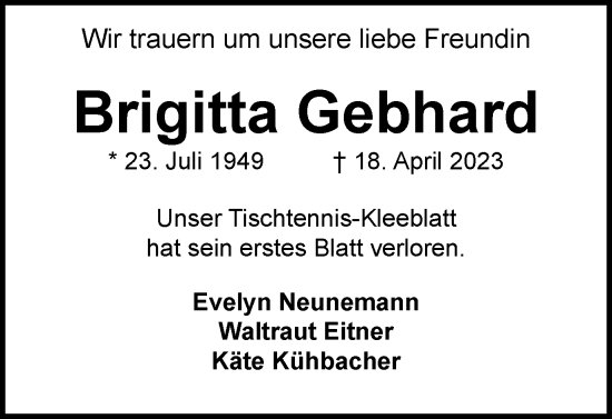 Traueranzeige von Brigitta Gebhard von Braunschweiger Zeitung
