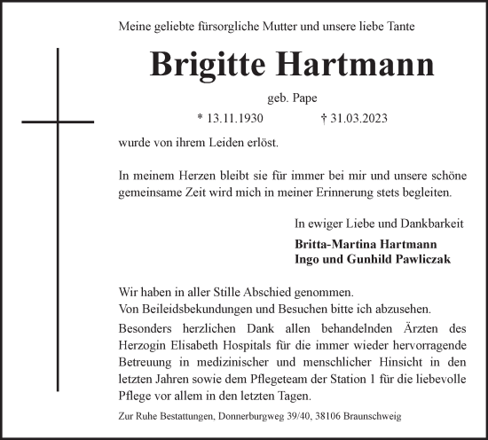 Traueranzeige von Brigitte Hartmann von Braunschweiger Zeitung