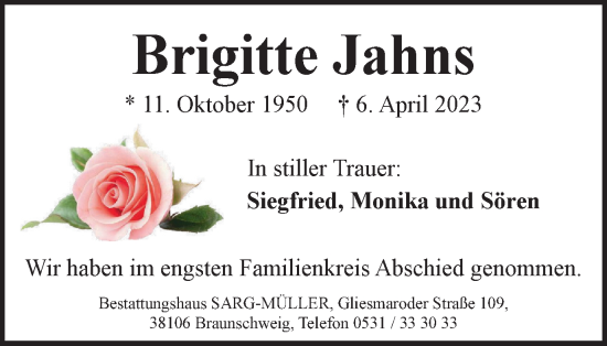 Traueranzeige von Brigitte Jahns von Wolfsburger Nachrichten