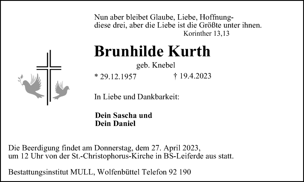  Traueranzeige für Brunhilde Kurth vom 22.04.2023 aus Braunschweiger Zeitung