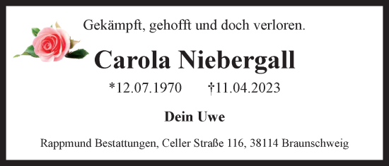Traueranzeige von Carola Niebergall von Neue Braunschweiger am Samstag