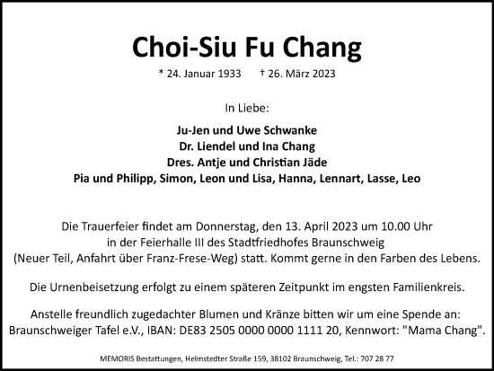 Traueranzeige von Choi-Siu Fu Chang von Braunschweiger Zeitung