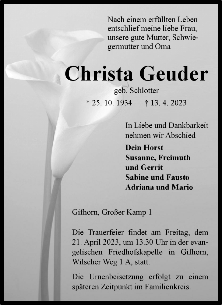  Traueranzeige für Christa Geuder vom 18.04.2023 aus Wolfsburger Nachrichten