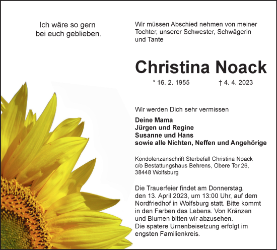 Traueranzeige von Christina Noack von Wolfsburger Nachrichten