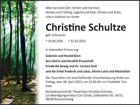 Traueranzeige von Christine Schultze von Braunschweiger Zeitung