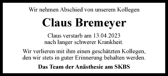 Traueranzeige von Claus Bremeyer von Braunschweiger Zeitung