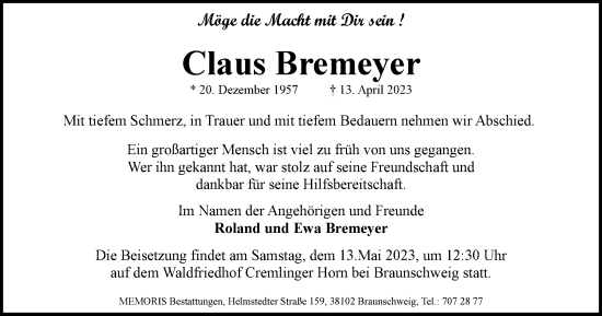 Traueranzeige von Claus Bremeyer von Braunschweiger Zeitung