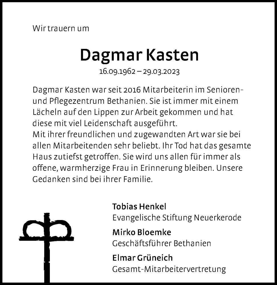  Traueranzeige für Dagmar Kasten vom 06.04.2023 aus Braunschweiger Zeitung