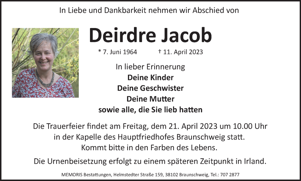  Traueranzeige für Deirdre Jacob vom 14.04.2023 aus Braunschweiger Zeitung
