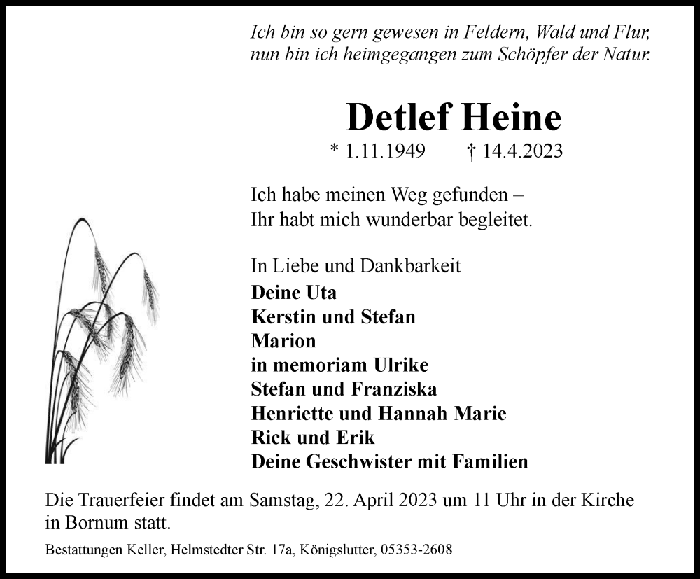  Traueranzeige für Detlef Heine vom 19.04.2023 aus Braunschweiger Zeitung