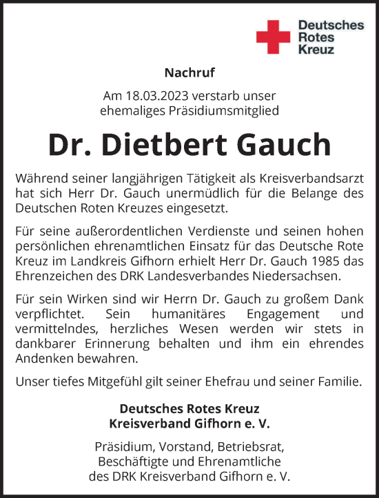 Traueranzeige von Dietbert Gauch von Wolfsburger Nachrichten
