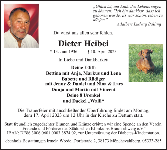 Traueranzeige von Dieter Heibei von Braunschweiger Zeitung