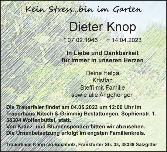Traueranzeige von Dieter Knop von Braunschweiger Zeitung