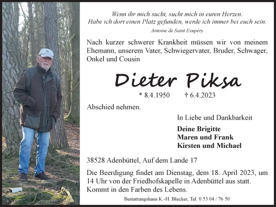 Traueranzeige von Dieter Piksa von Braunschweiger Zeitung