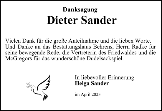 Traueranzeige von Dieter Sander von Braunschweiger Zeitung